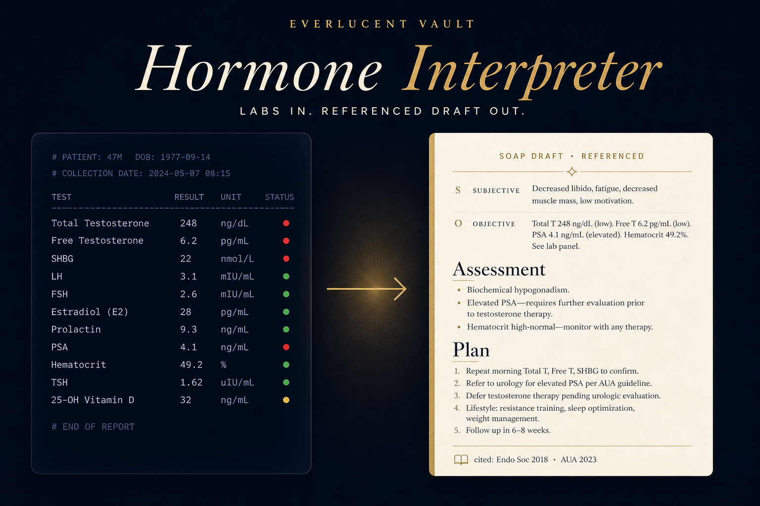 Hormone Interpreter — labs in, referenced SOAP draft out